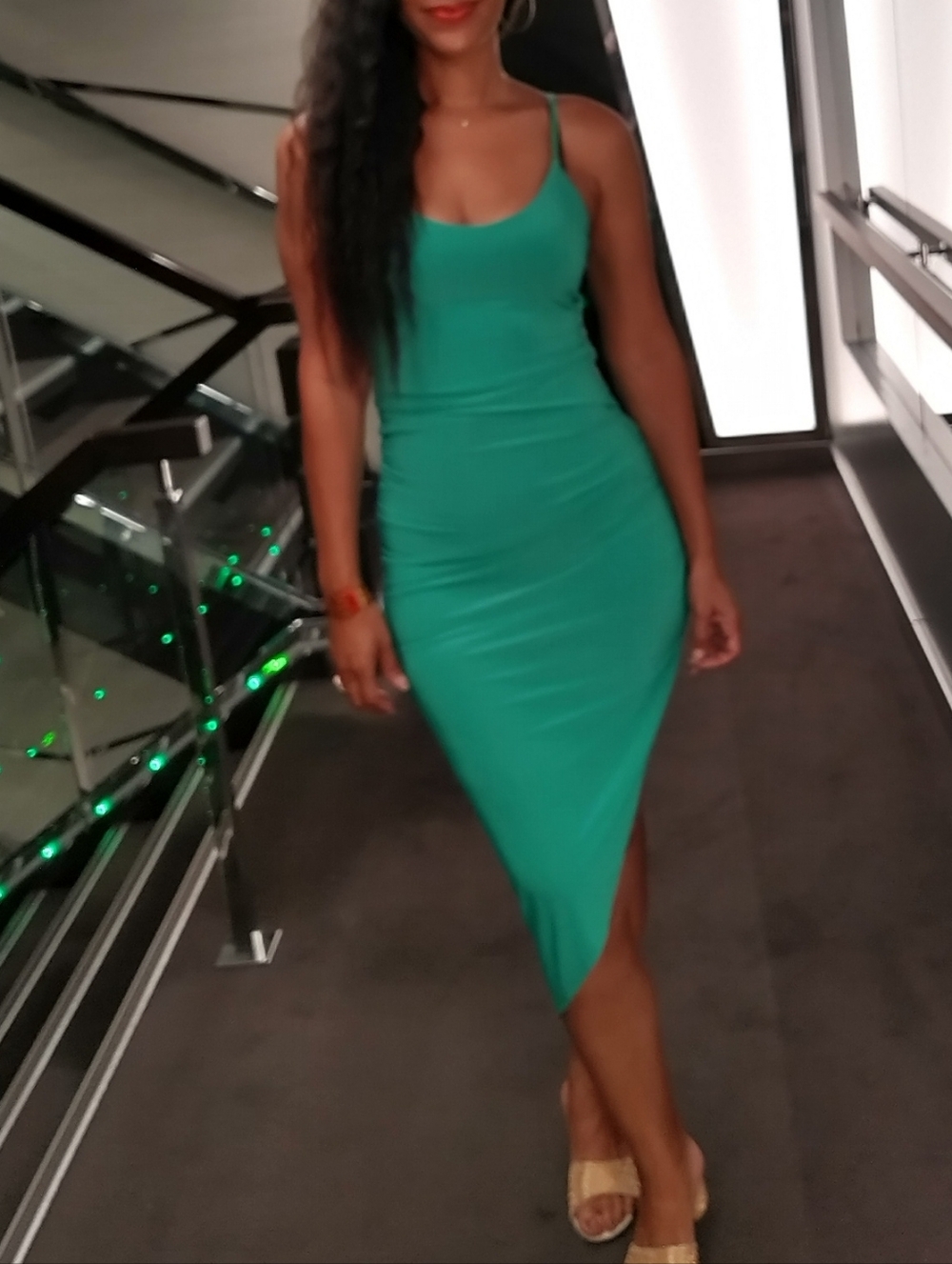 Green Slip Dress with Ruched Side